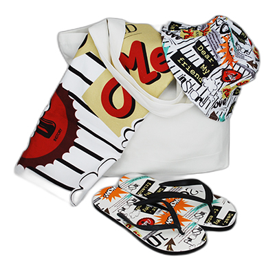 Sublimated hoodie, tote bag and thongs printed with bold artwork