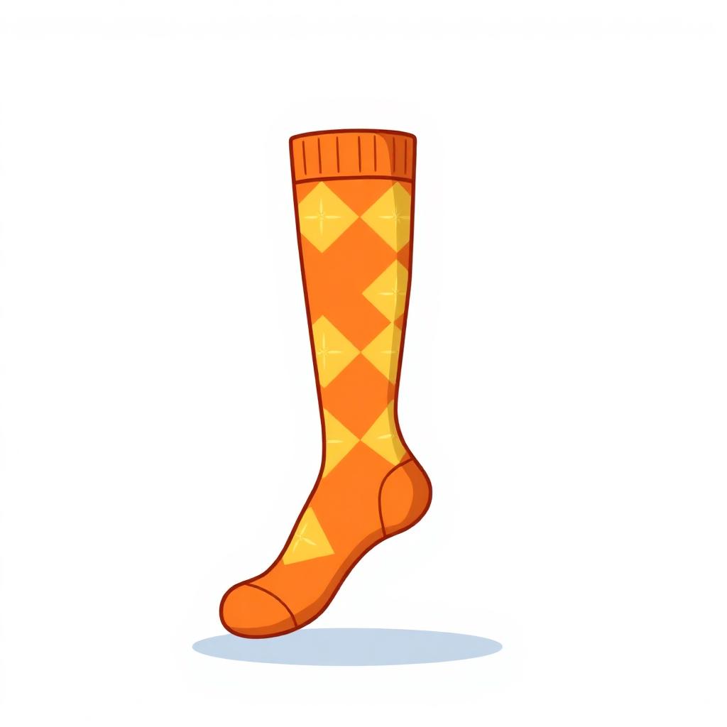 Cartoon illustration of orange knee-high socks with yellow argyle pattern