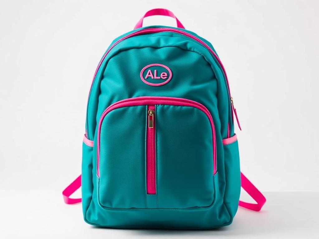 Teal custom backpack with hot pink zippers and embroidered logo