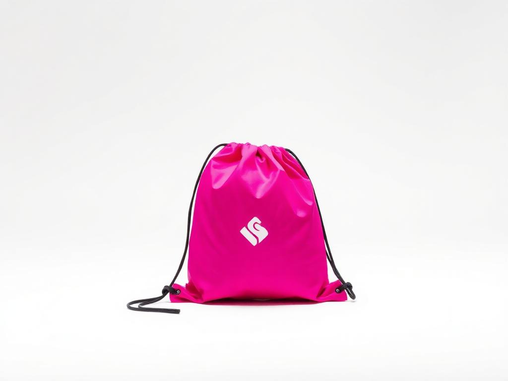 Hot pink drawstring bag with white printed logo