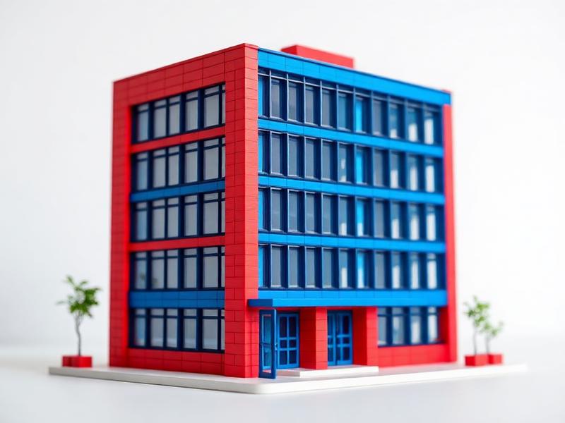 Miniature brick model of a modern office building in teal and pink