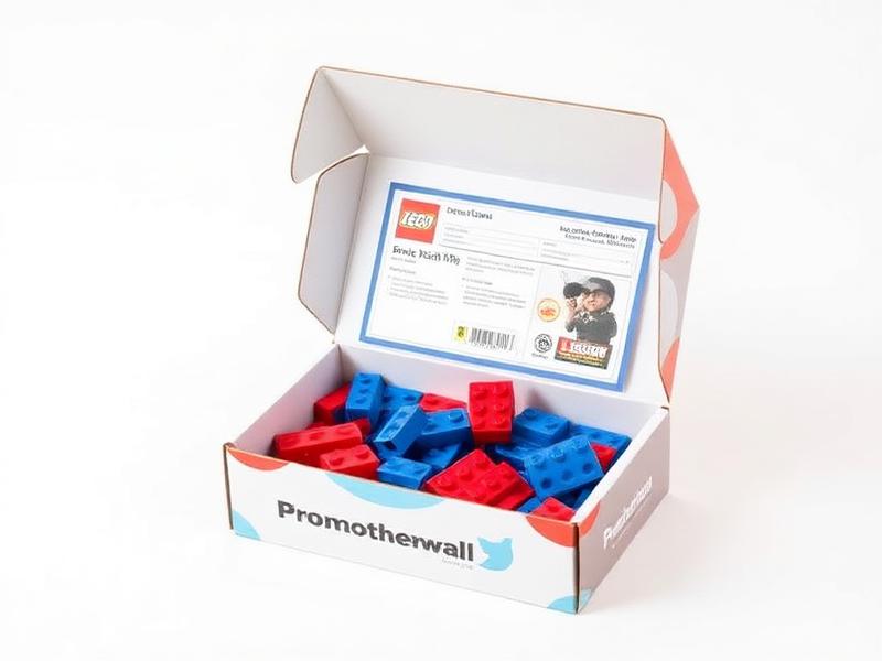 Custom branded building block kit in red and blue with a printed retail box
