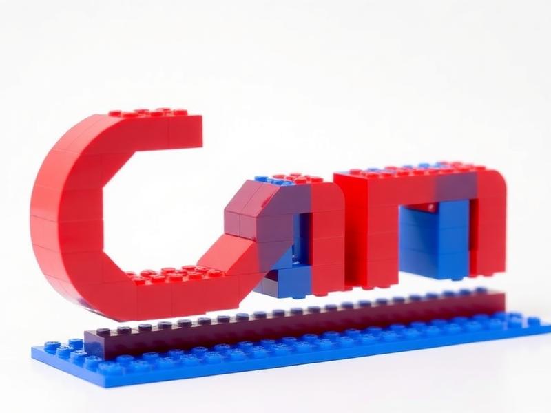 Custom logo built from teal and pink interlocking bricks on a desk