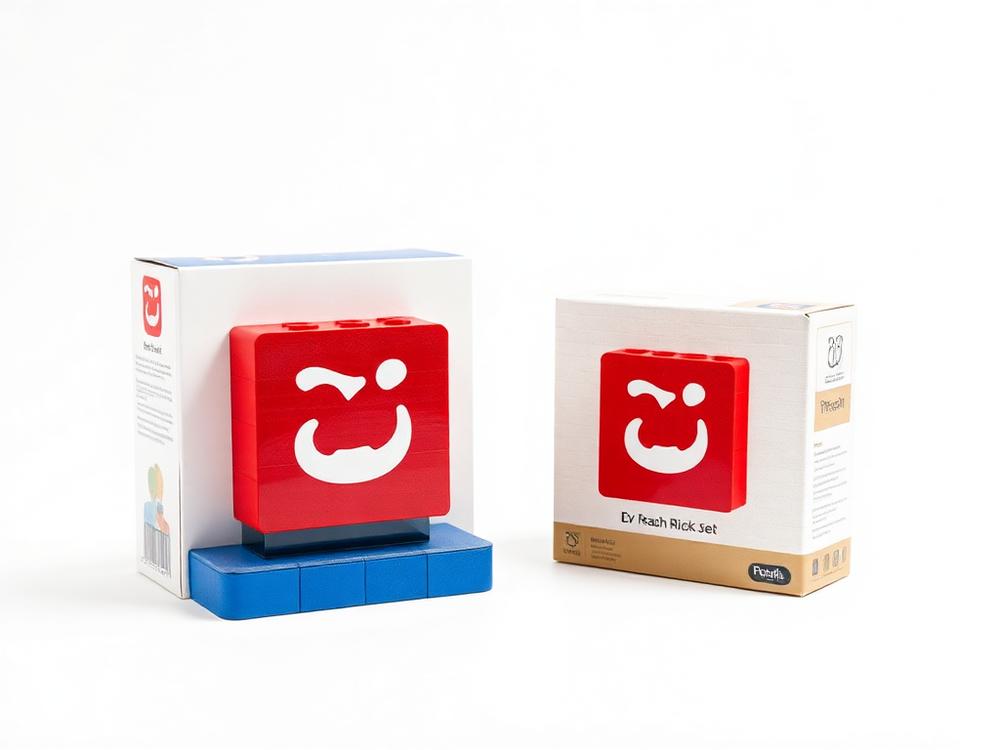 Finished custom branded building block set beside its printed presentation box