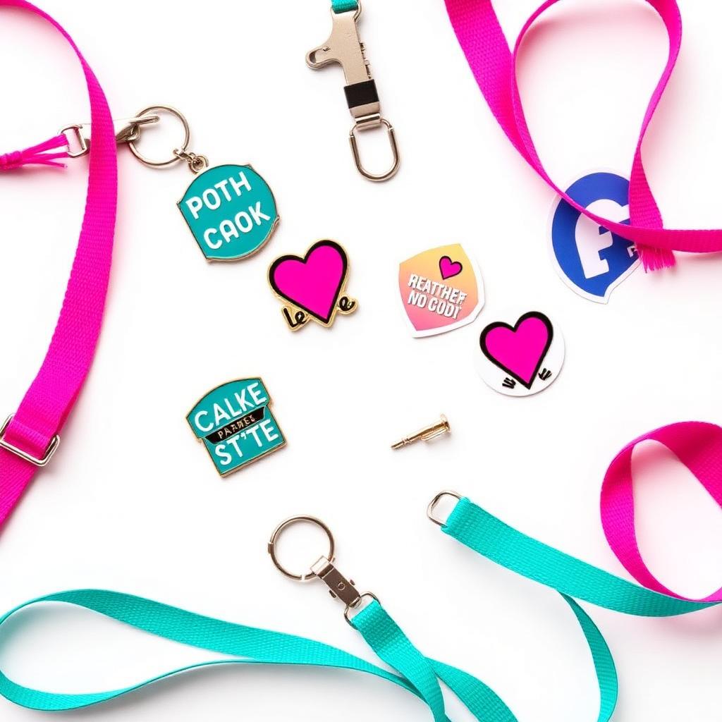 Custom giveaway items including enamel pins, keyrings, stickers and lanyards