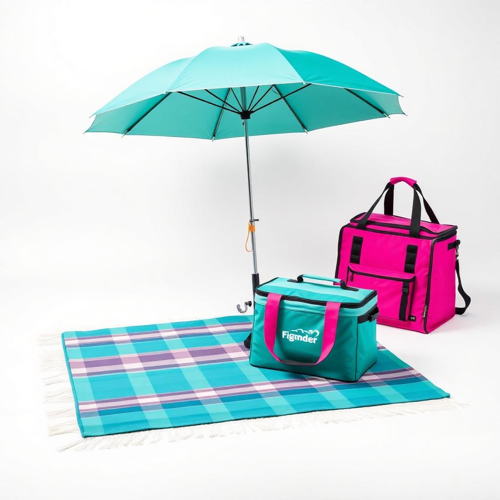 Custom outdoor merchandise with picnic rug, umbrella and cooler bags