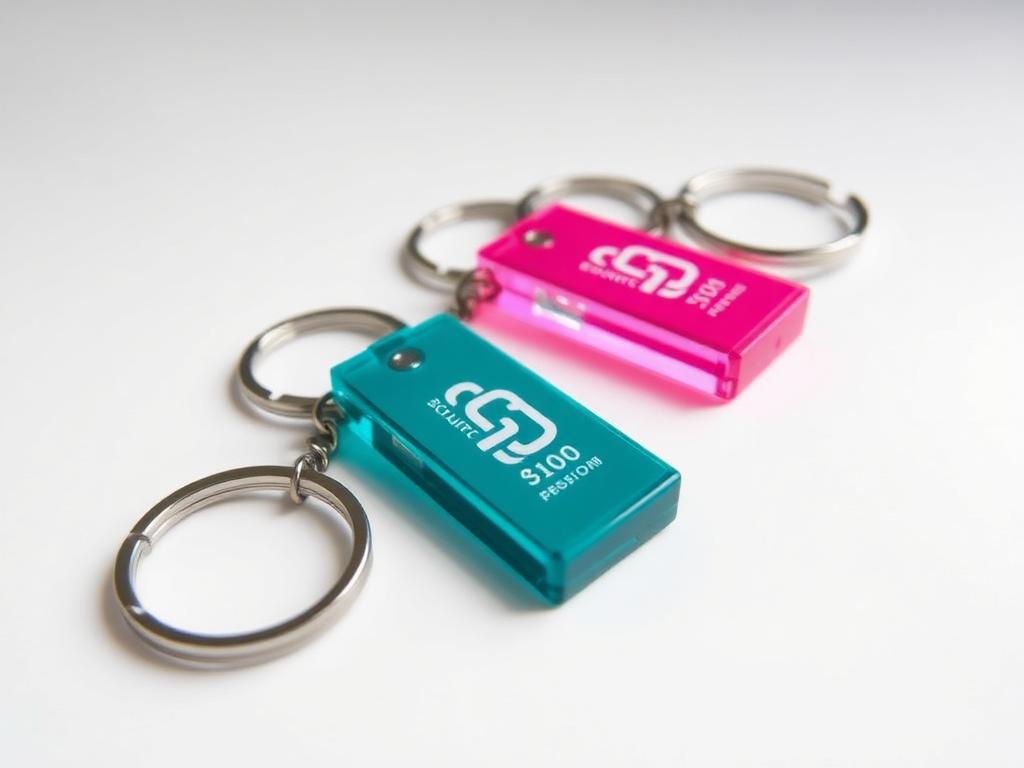 Custom acrylic keyrings in teal and hot pink with printed logos
