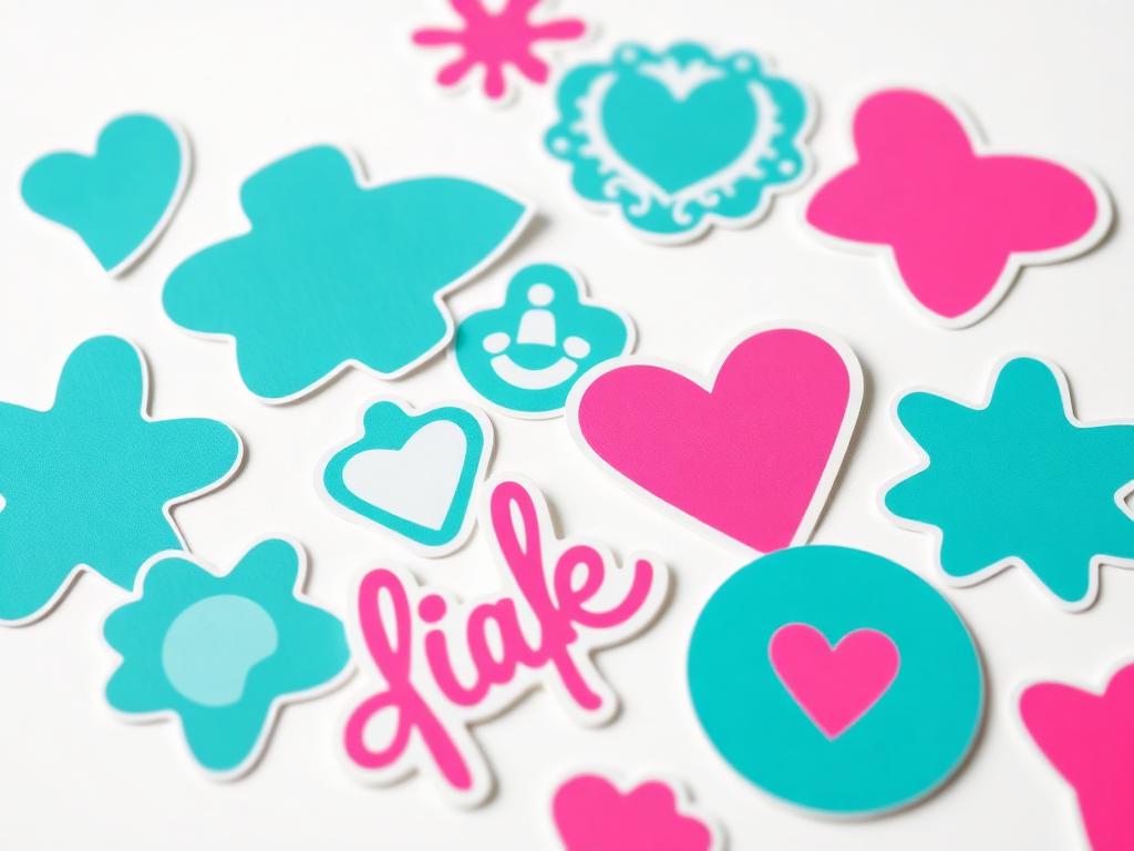 Custom die-cut vinyl stickers in teal and hot pink shapes