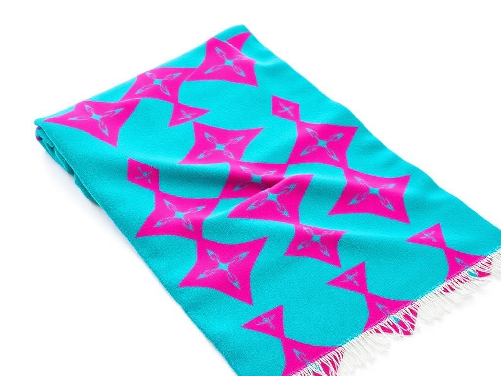 Custom beach towel with bold teal and hot pink geometric artwork