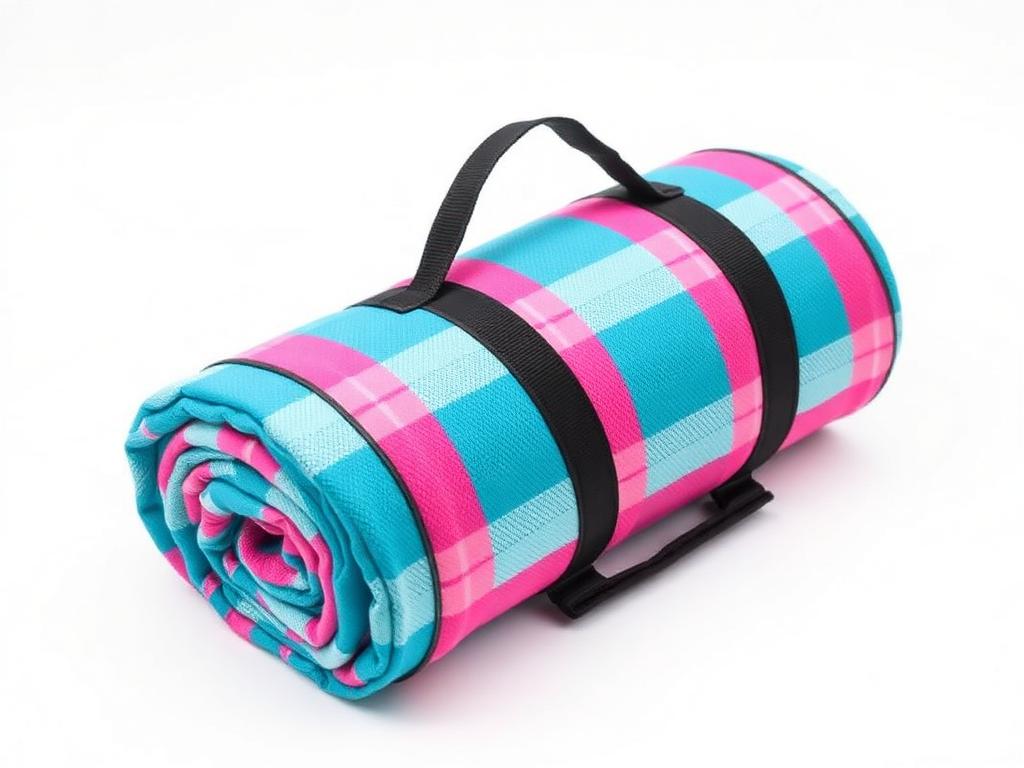 Custom picnic rug in teal and pink check pattern with carry strap