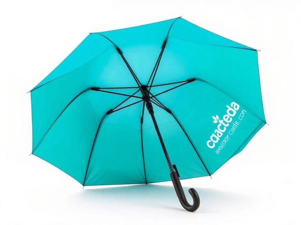Teal custom umbrella with printed logo on panel