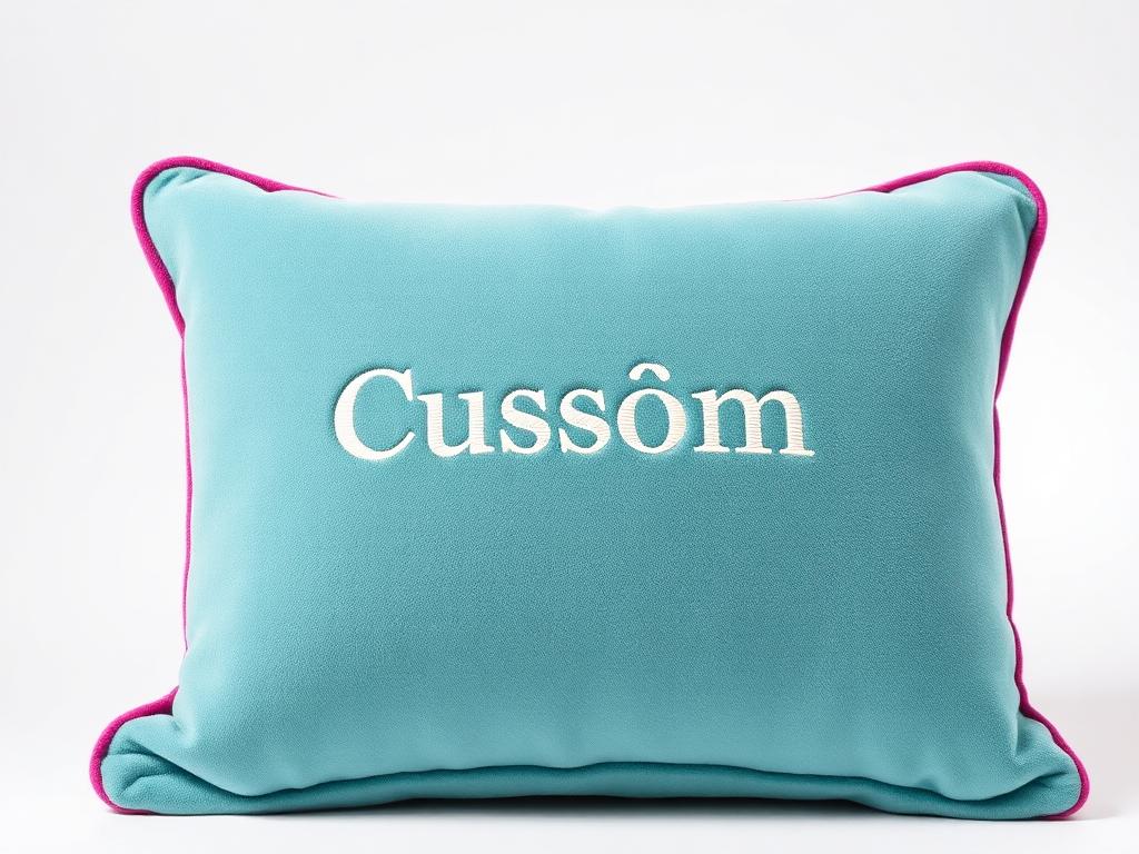 Teal plush cushion with embroidered custom logo and pink piping