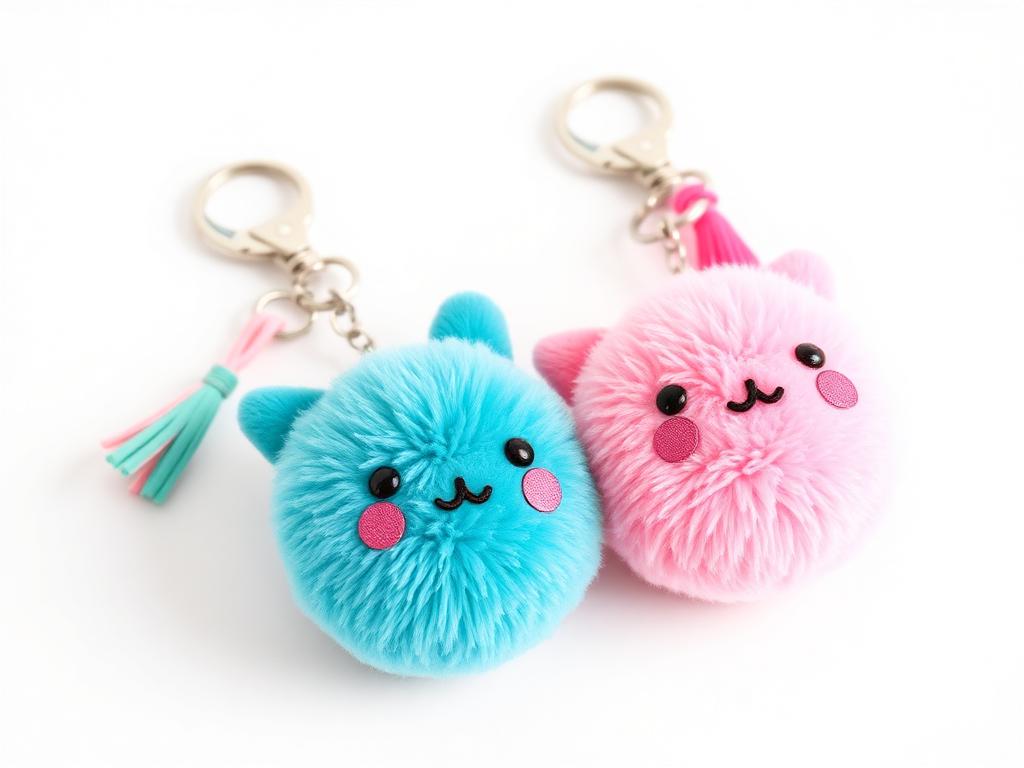 Cute plush keychain toys in teal and pink with clips
