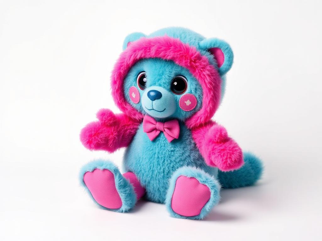 Custom mascot plush toy with teal fur and pink accents