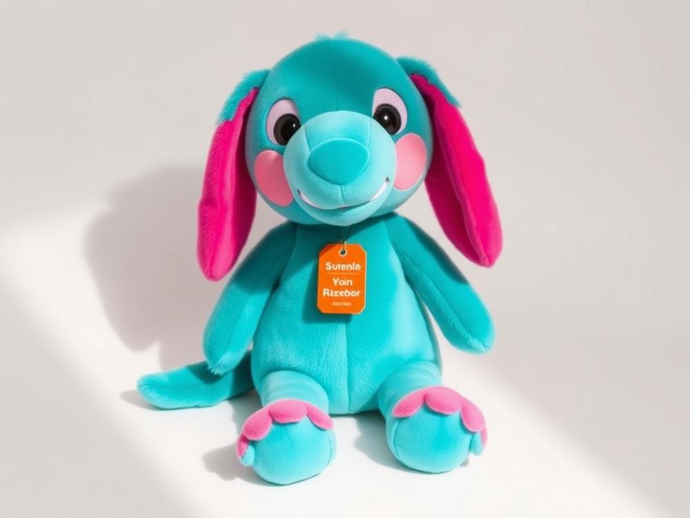 Finished custom plush mascot toy with a branded hang tag