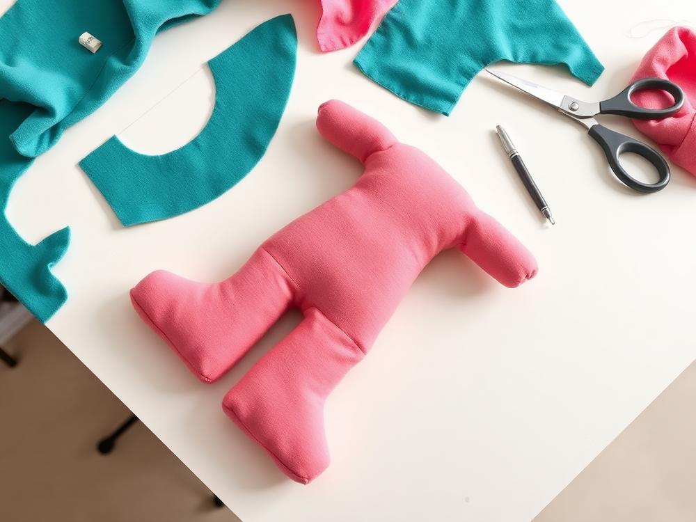 Plush toy prototype in progress with cut fabric pattern pieces on a table