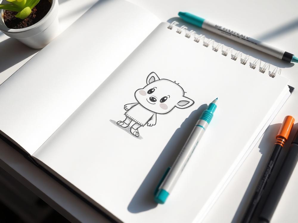 Hand-drawn cartoon mascot character sketch in a designer's sketchbook