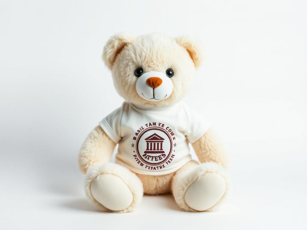 Cream teddy bear plush wearing a custom printed t-shirt