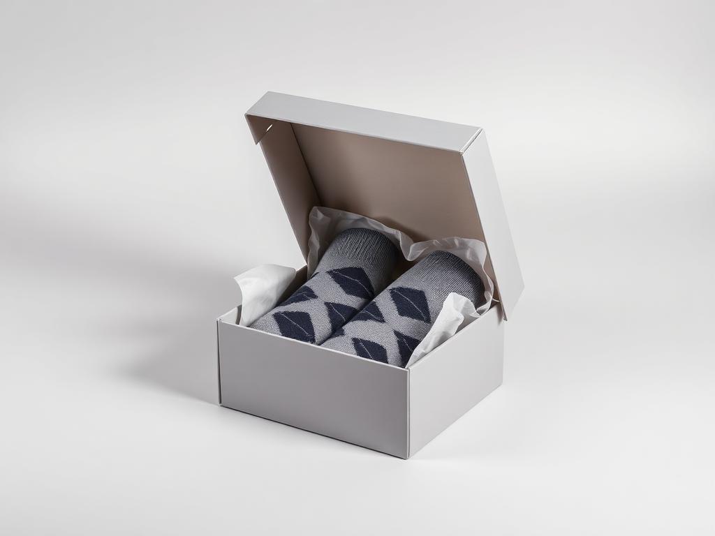 Custom socks folded in a rigid gift box with tissue paper