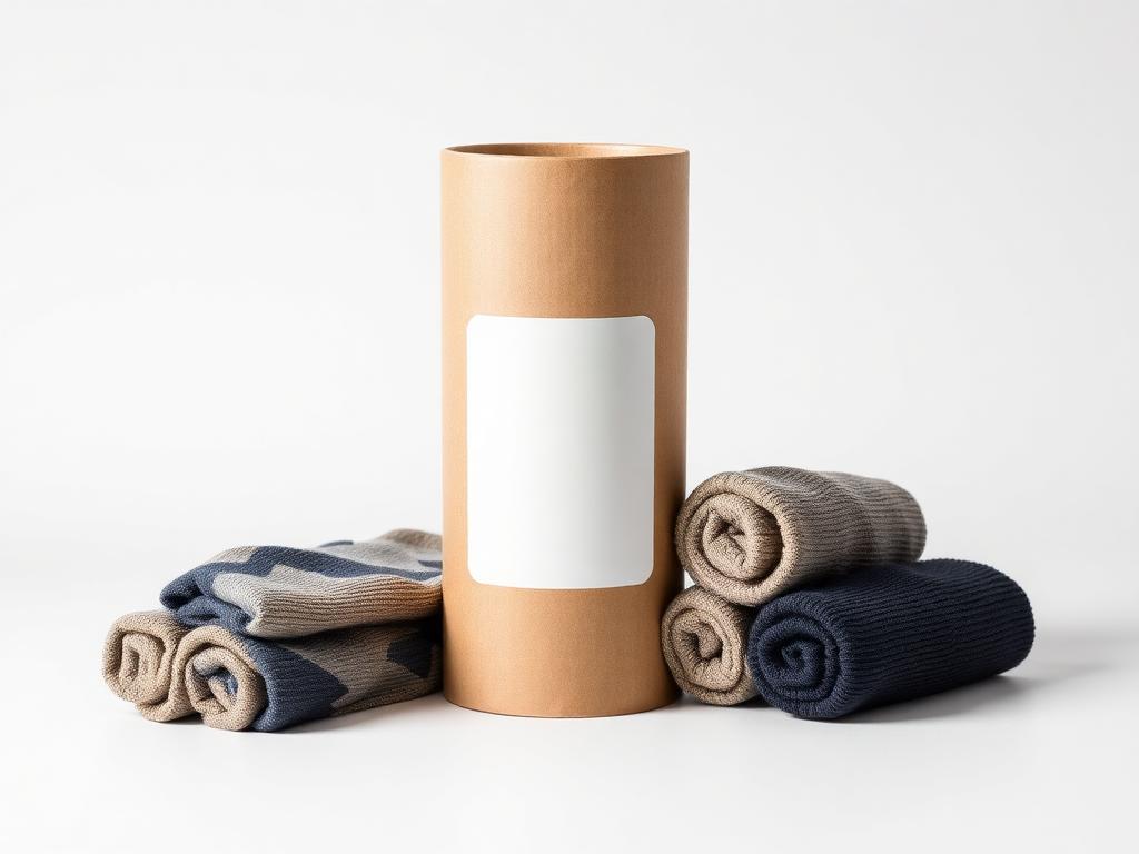 Rolled custom socks beside a kraft cylinder tube with a label