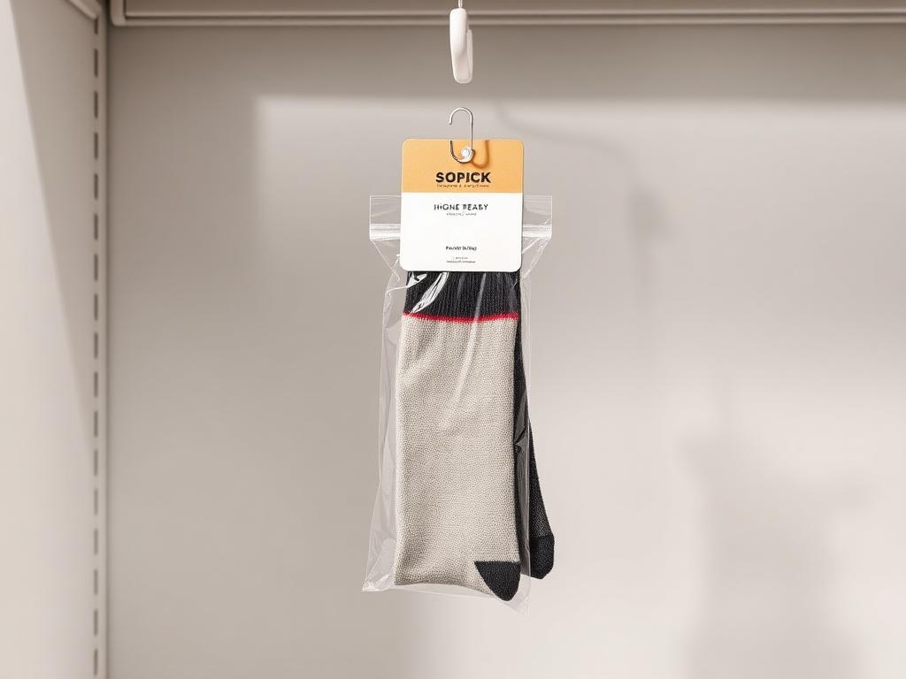 Custom socks in retail packaging hanging on a shop peg hook