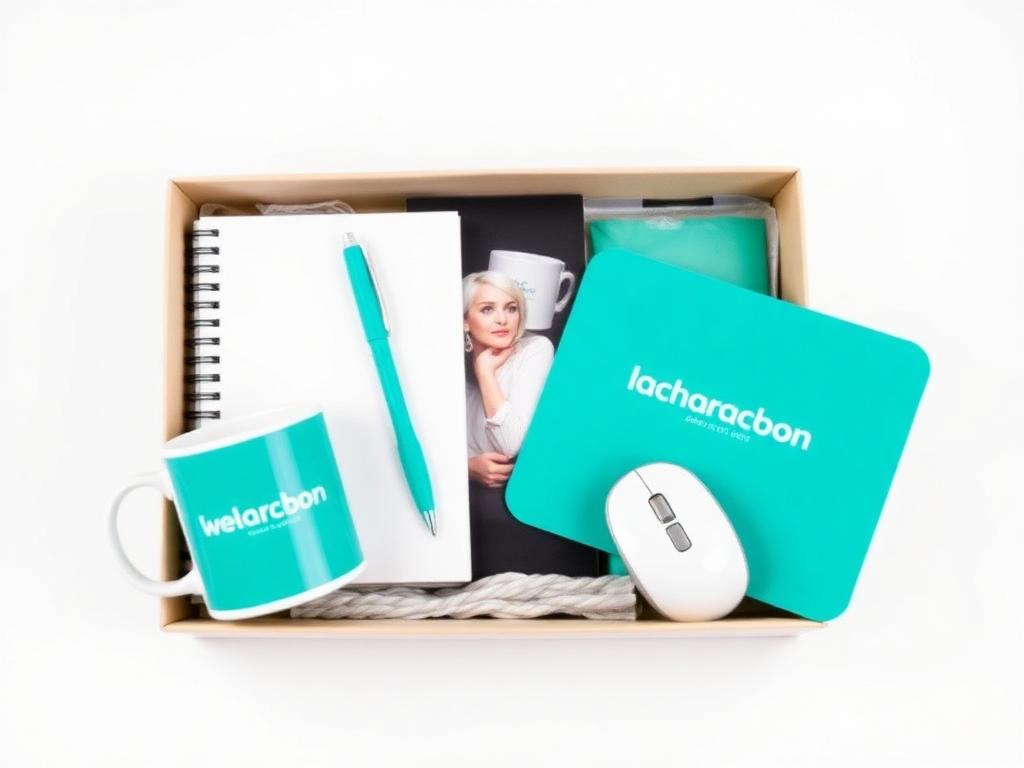Branded desk welcome kit with notebook, pen, mug and mouse pad in a gift box