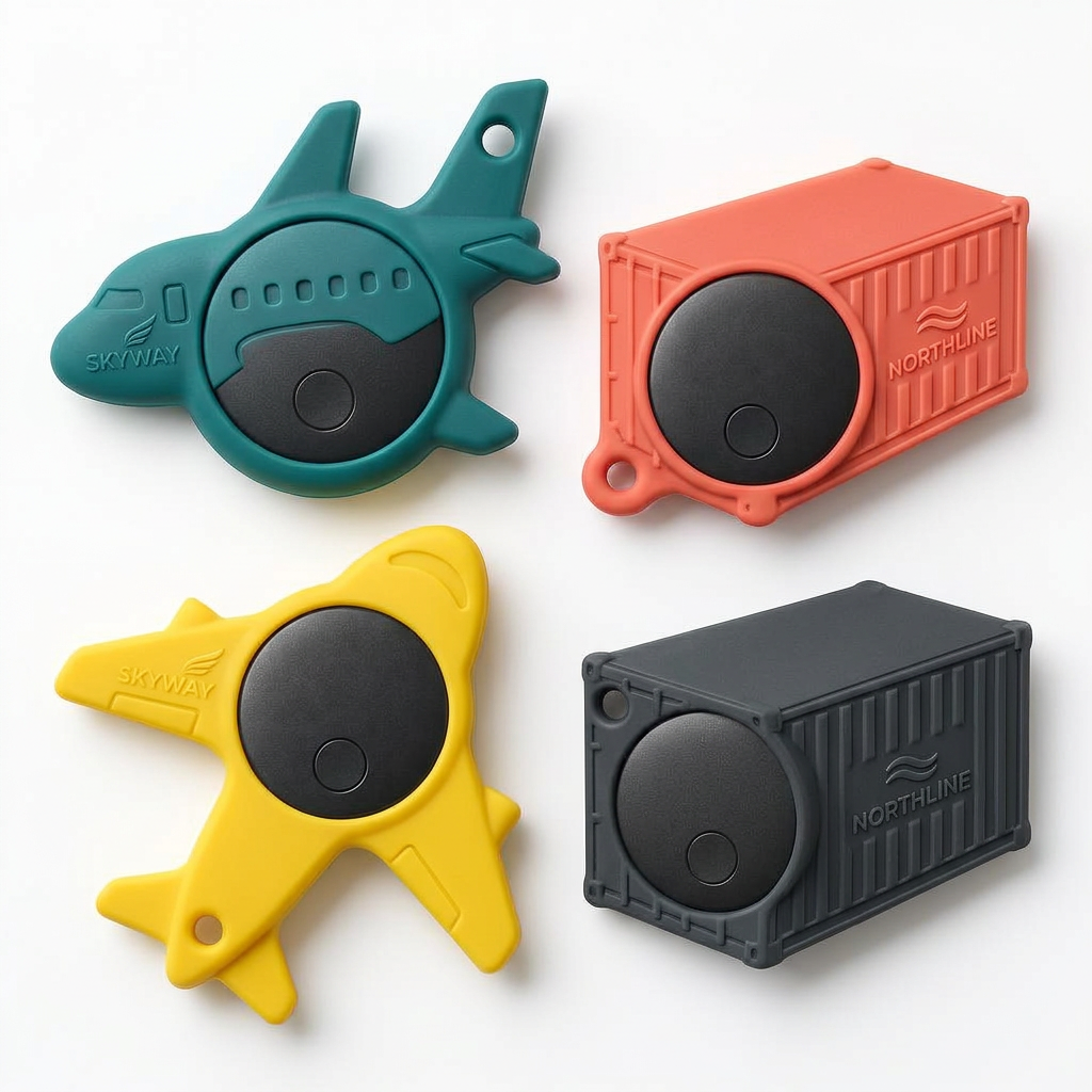Custom aeroplane and shipping container tracker holders with fictional branding