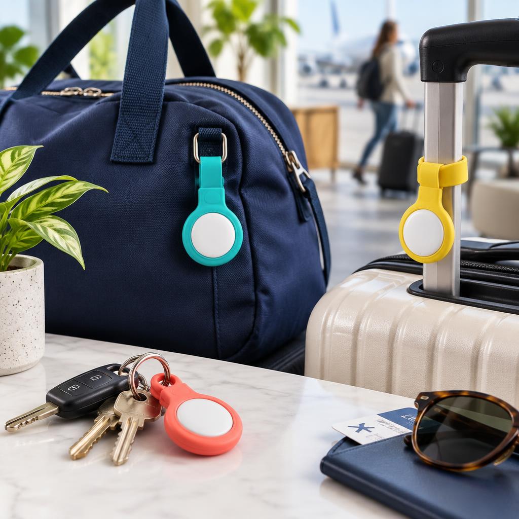 Portable trackers attached to keys, a duffel bag and luggage