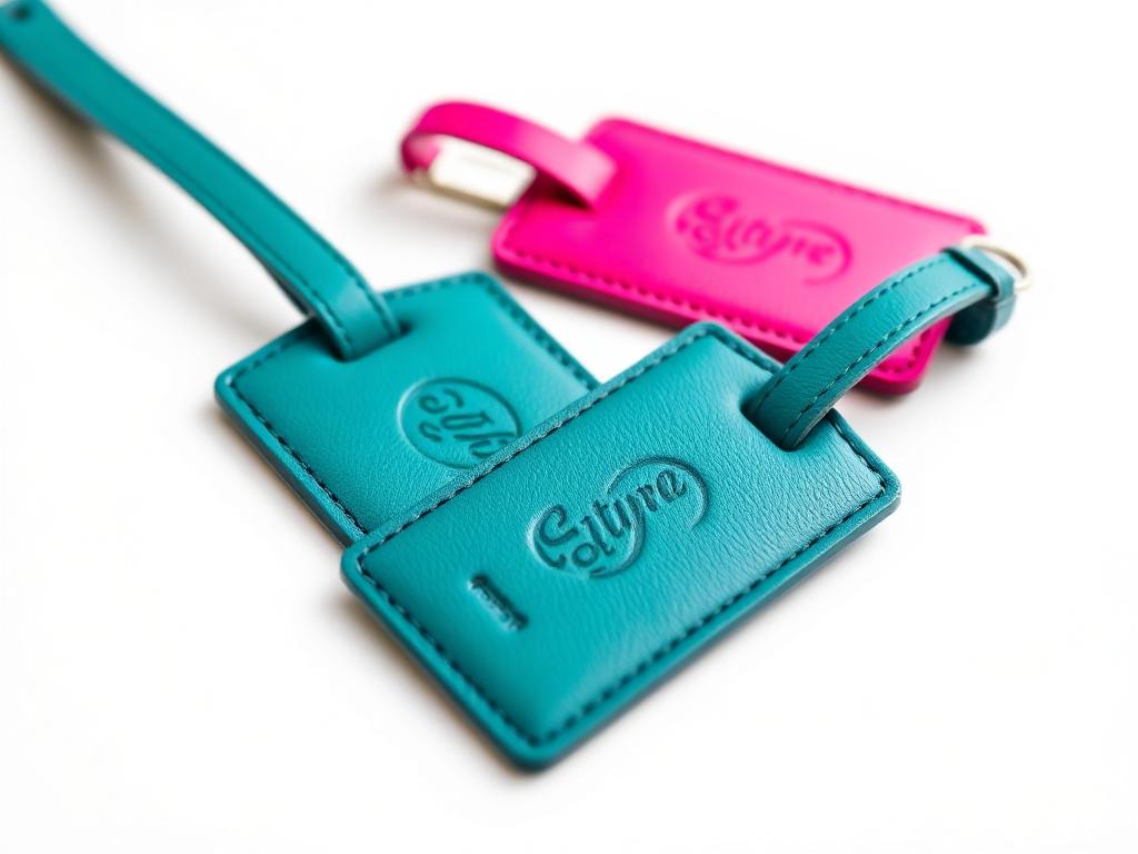 Custom leather luggage tags in teal and hot pink with embossed logo