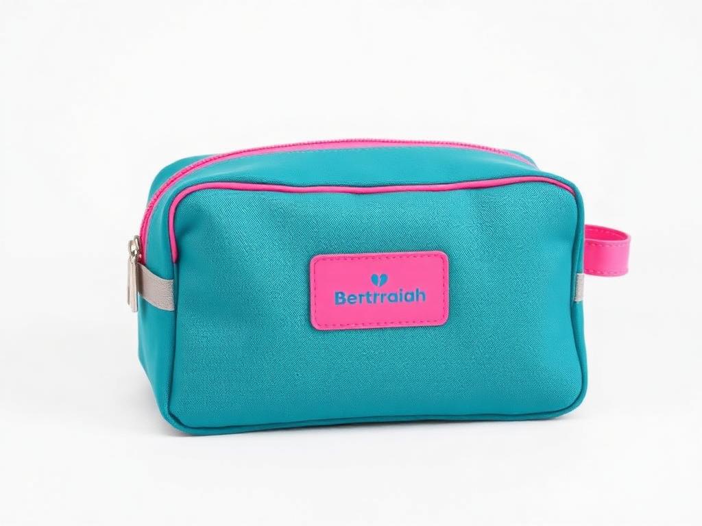 Teal custom toiletry bag with pink zipper and logo patch