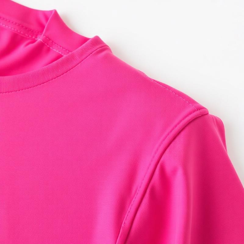 Close-up of a premium cotton t-shirt collar in magenta pink