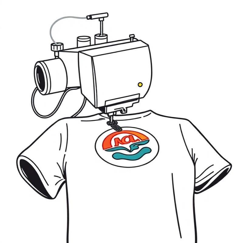 Line-art illustration of an embroidery machine stitching a t-shirt