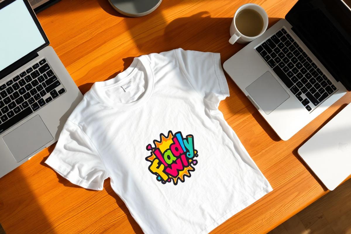 White custom t-shirt with colourful logo print on a wooden desk